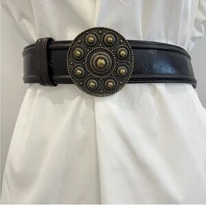 Per Se Women’s Brown Leather Belt Brass Buckle Sz S Vintage 90's